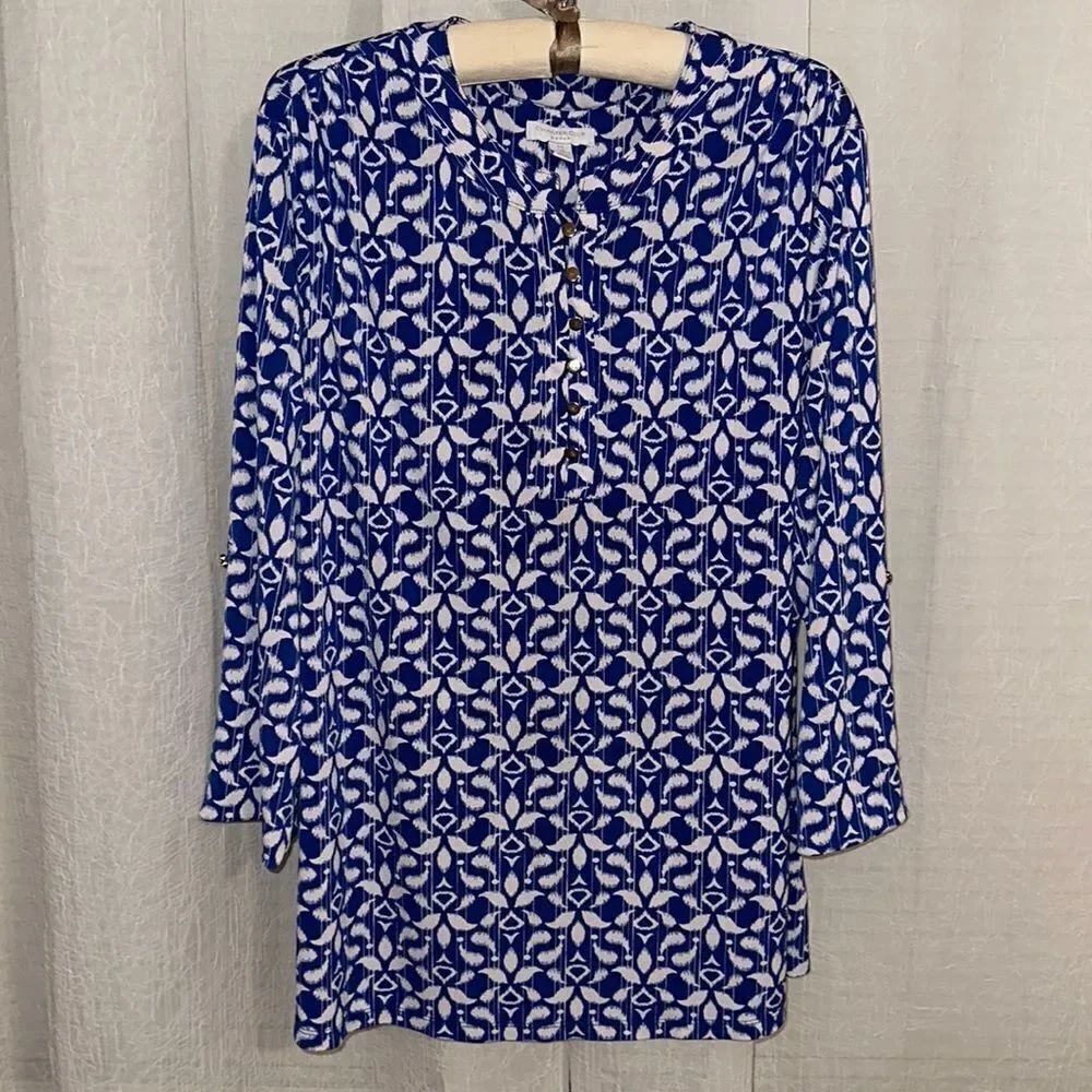 Charter Club 2X Cobalt Royal Blue White Pullover 6 Button Front Long Sleeve Top